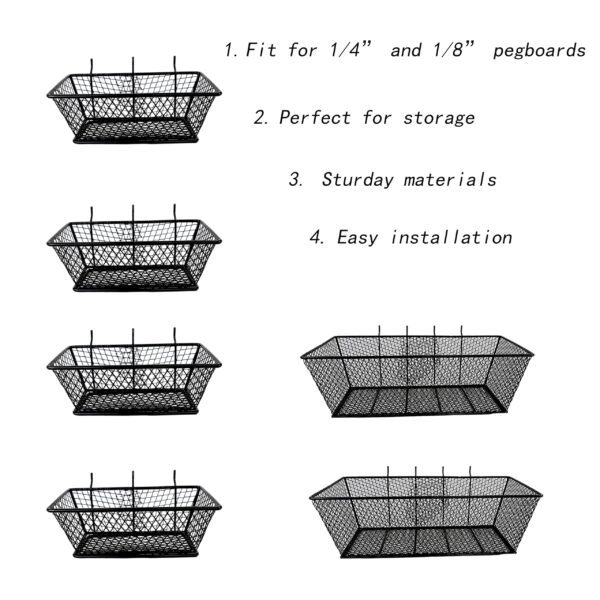 Pegboard Baskets Bins Set 6 Pack 2 Size Metal Pegboard Baskets Black Metal Wire Shelves Hooks for Organizing Various Tools Garage Workbench Kitchen Office Craft Room - Image 3