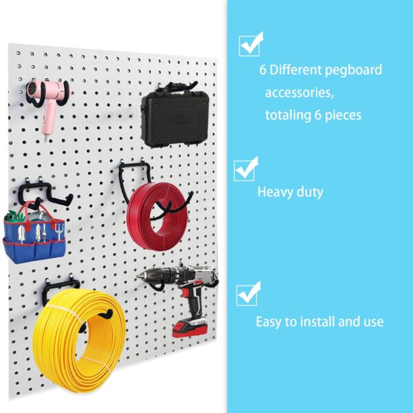 6 Pack Heavy Duty Pegboard Tool Hooks for Hanging, Metal Peg Board Drill Holder Double Hooks, Organizer Accessories for Wall Shelf, Black - Image 7