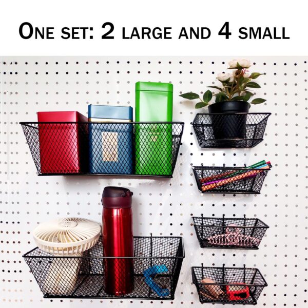 Pegboard Baskets Bins Set 6 Pack 2 Size Metal Pegboard Baskets Black Metal Wire Shelves Hooks for Organizing Various Tools Garage Workbench Kitchen Office Craft Room - Image 4