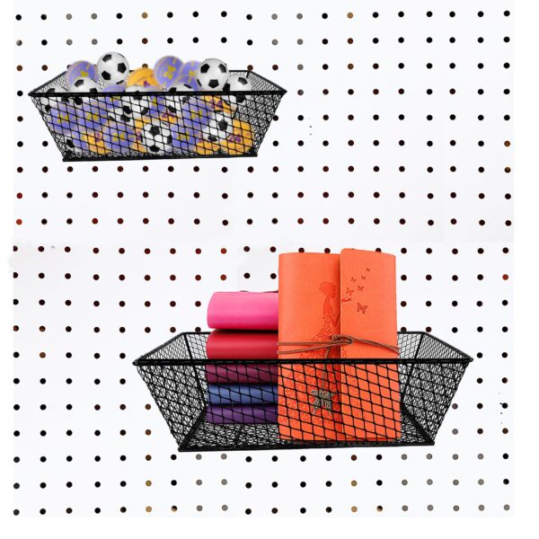 Pegboard Baskets Bins Set 6 Pack 2 Size Metal Pegboard Baskets Black Metal Wire Shelves Hooks for Organizing Various Tools Garage Workbench Kitchen Office Craft Room - Image 5