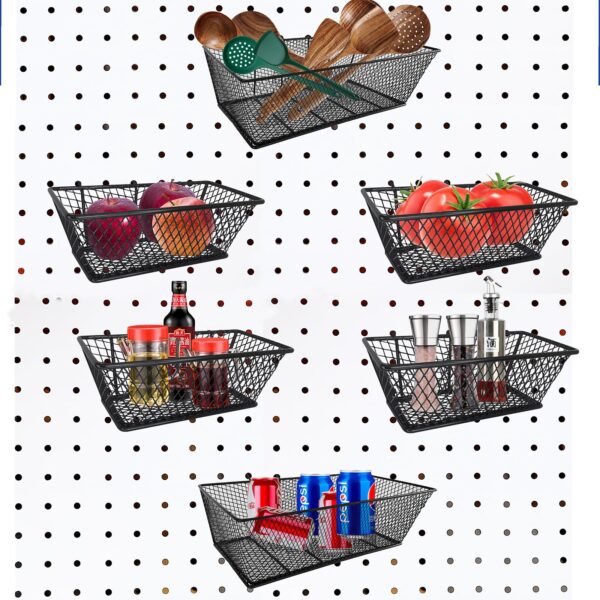 Pegboard Baskets Bins Set 6 Pack 2 Size Metal Pegboard Baskets Black Metal Wire Shelves Hooks for Organizing Various Tools Garage Workbench Kitchen Office Craft Room - Image 6